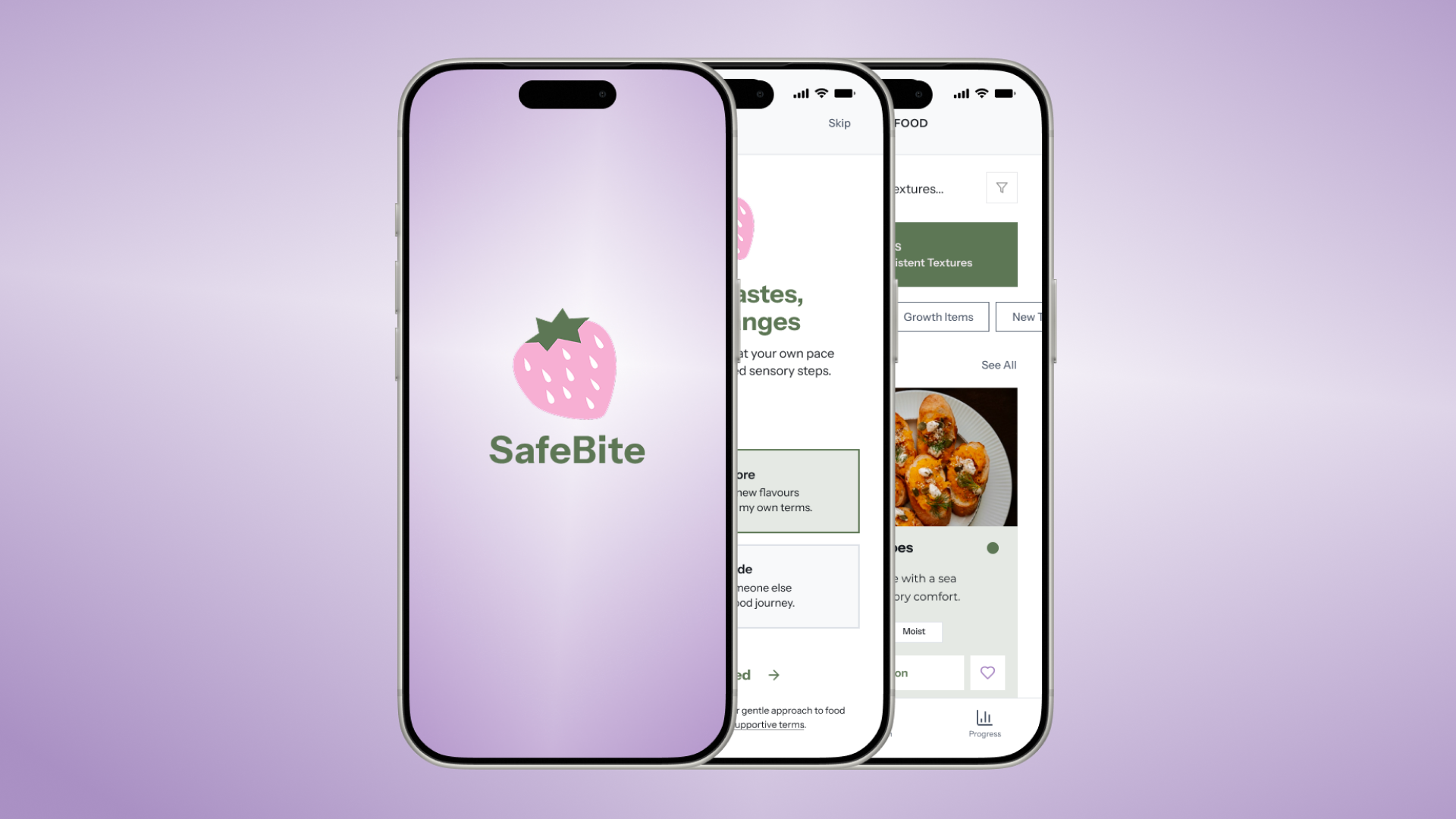 Thumbnail for SafeBite that displays the onboarding, homepage, and profile preference screens.